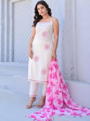 Floral Print Pink Colour Kurti Pant With Dupatta