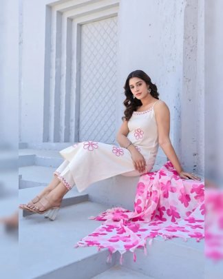 Floral Print Pink Colour Kurti Pant With Dupatta