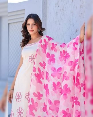 Floral Print Pink Colour Kurti Pant With Dupatta