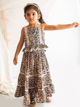 Floral Printed  Black Colour Kids Lehenga