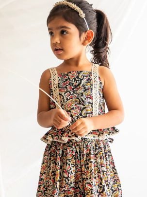 Floral Printed  Black Colour Kids Lehenga