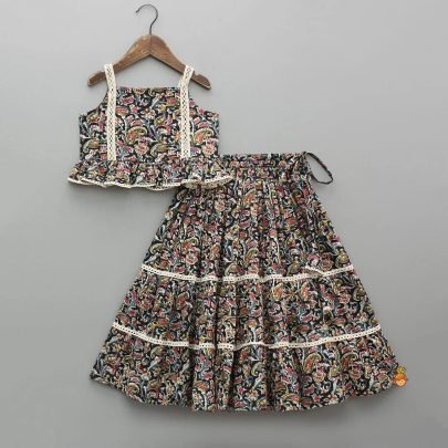 Floral Printed  Black Colour Kids Lehenga