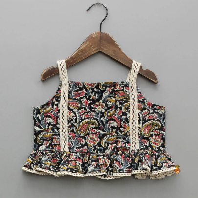 Floral Printed  Black Colour Kids Lehenga