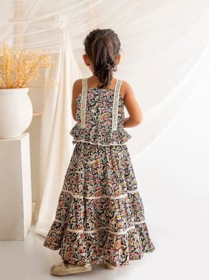 Floral Printed  Black Colour Kids Lehenga