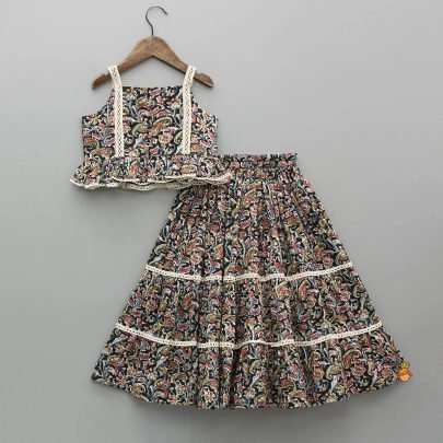 Floral Printed  Black Colour Kids Lehenga