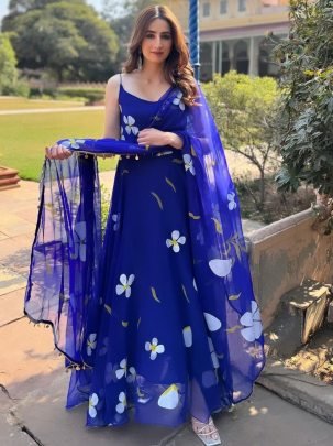 Floral Printed Blue Colour  Anarkali  Suit