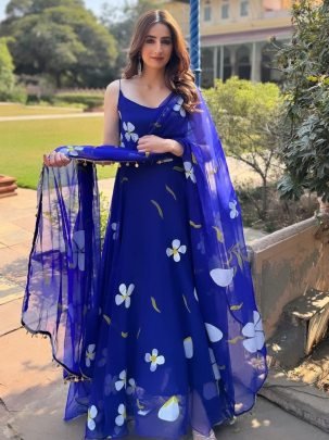Floral Printed Blue Colour  Anarkali  Suit