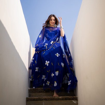Floral Printed Blue Colour  Anarkali  Suit