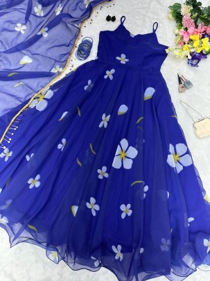 Floral Printed Blue Colour  Anarkali  Suit