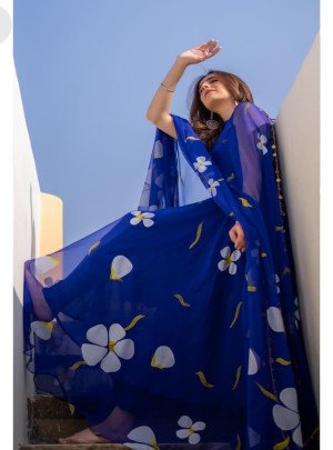 Floral Printed Blue Colour  Anarkali  Suit