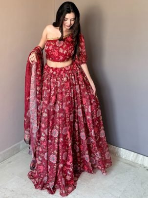 Floral Printed  Red  Colour Lehenga Choli With Dupatta
