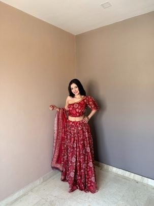 Floral Printed  Red  Colour Lehenga Choli With Dupatta