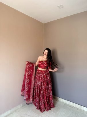 Floral Printed  Red  Colour Lehenga Choli With Dupatta