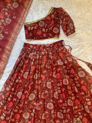 Floral Printed  Red  Colour Lehenga Choli With Dupatta