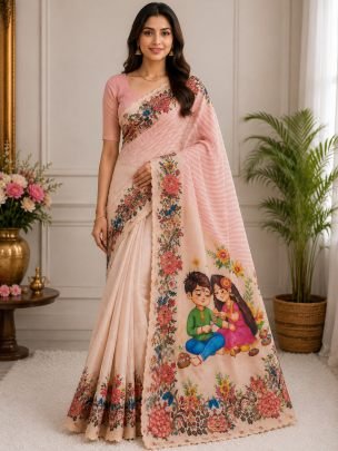 Flower Print Border  Peach Colour Rakshabandhan Saree