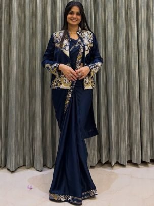 French Creape Fabric Navy Blue Color  Ready To Wear Saree