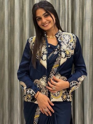 French Creape Fabric Navy Blue Color  Ready To Wear Saree