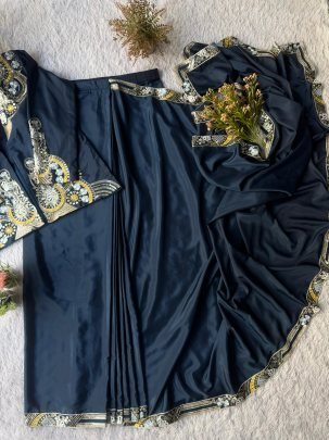 French Creape Fabric Navy Blue Color  Ready To Wear Saree