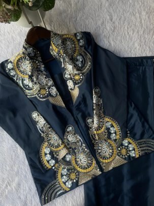 French Creape Fabric Navy Blue Color  Ready To Wear Saree