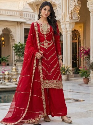 Frendy Silk Red Colour Palazzo Suit