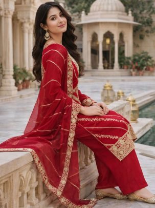 Frendy Silk Red Colour Palazzo Suit
