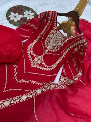 Frendy Silk Red Colour Palazzo Suit
