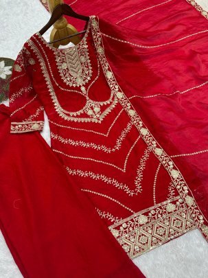 Frendy Silk Red Colour Palazzo Suit