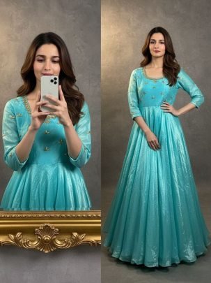 Full Flair  Wedding Wear Sky Blue  Colour Gown