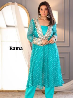 Full Flowing Rama Color Indo Western  pattern with Coded Embrodery   Original Mirror lace  work Dress