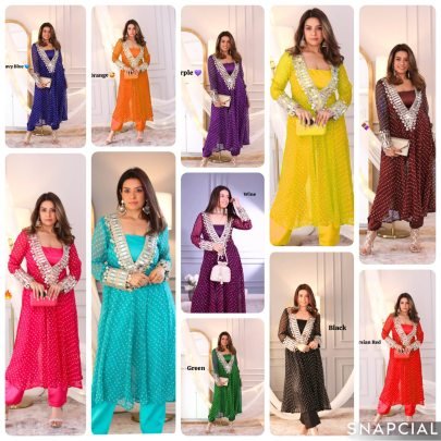 Full Flowing Rama Color Indo Western  pattern with Coded Embrodery   Original Mirror lace  work Dress