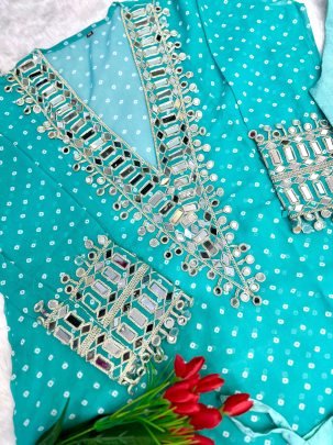 Full Flowing Rama Color Indo Western  pattern with Coded Embrodery   Original Mirror lace  work Dress