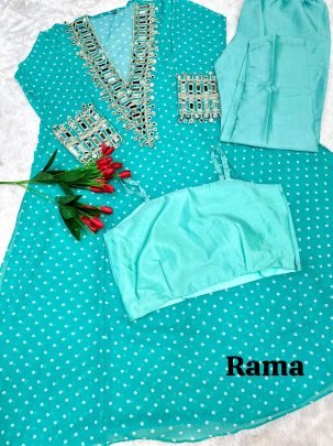 Full Flowing Rama Color Indo Western  pattern with Coded Embrodery   Original Mirror lace  work Dress