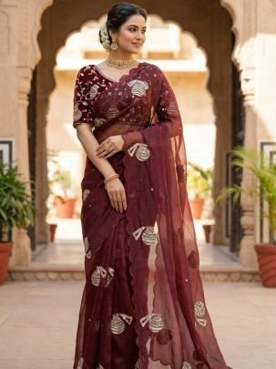 Full Hand Work Brown  Colour  Saree