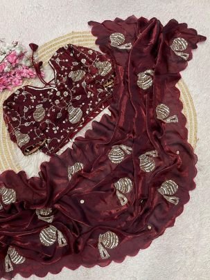 Full Hand Work Brown  Colour  Saree