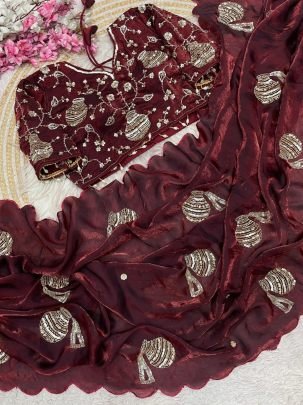 Full Hand Work Brown  Colour  Saree
