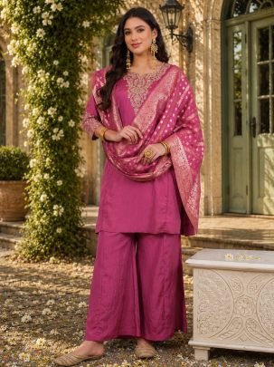 Gajari Colour Embroidered Kurti Pant Dupatta