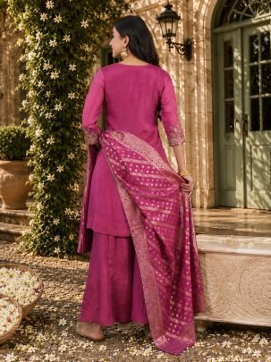 Gajari Colour Embroidered Kurti Pant Dupatta