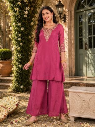 Gajari Colour Embroidered Kurti Pant Dupatta