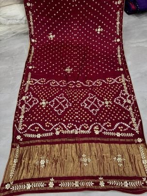 Gaji Silk Maroon  Lagdi Patta Bandhej Saree