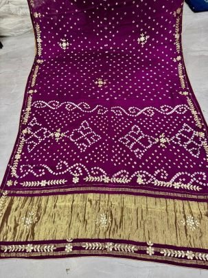 Gaji Silk Wine Original Bandhani Hand Work Saree