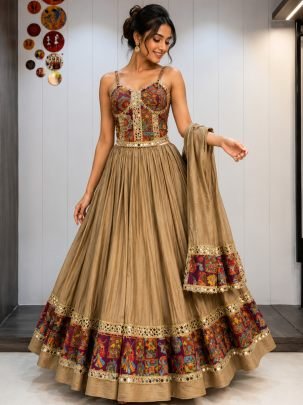 Garba Wear Chikoo Colour Navratri Lehenga