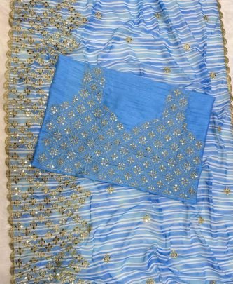 Georgette Digital Print Sequence Work Sky Blue Saree