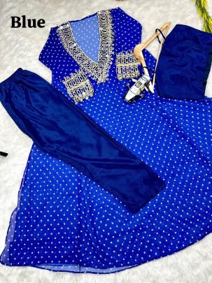 Georgette Fabric Blue Colour Indo Western Dress