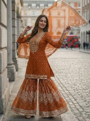 Georgette Fabric Orange Colour Gharara Suit