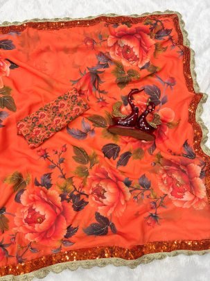 Georgette Fabric Orange Colour Floral Print Saree