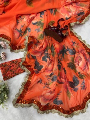 Georgette Fabric Orange Colour Floral Print Saree