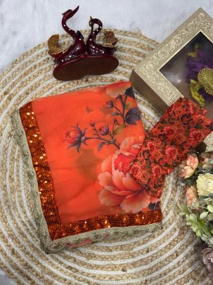 Georgette Fabric Orange Colour Floral Print Saree