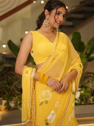 Georgette Fabric Picho Work Yellow Colour Ready To Wear Saree