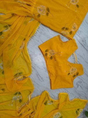 Georgette Fabric Picho Work Yellow Colour Ready To Wear Saree