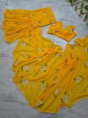 Georgette Fabric Picho Work Yellow Colour Ready To Wear Saree